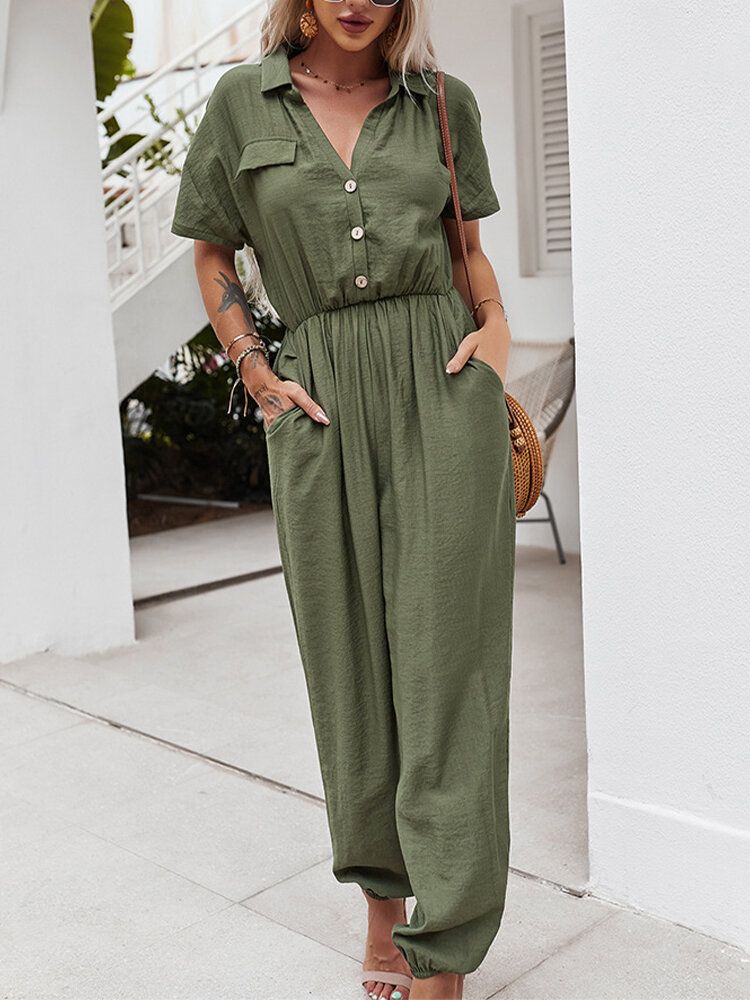 Enfärgad Knappficka Hög Elastisk Midja Lös Jumpsuit