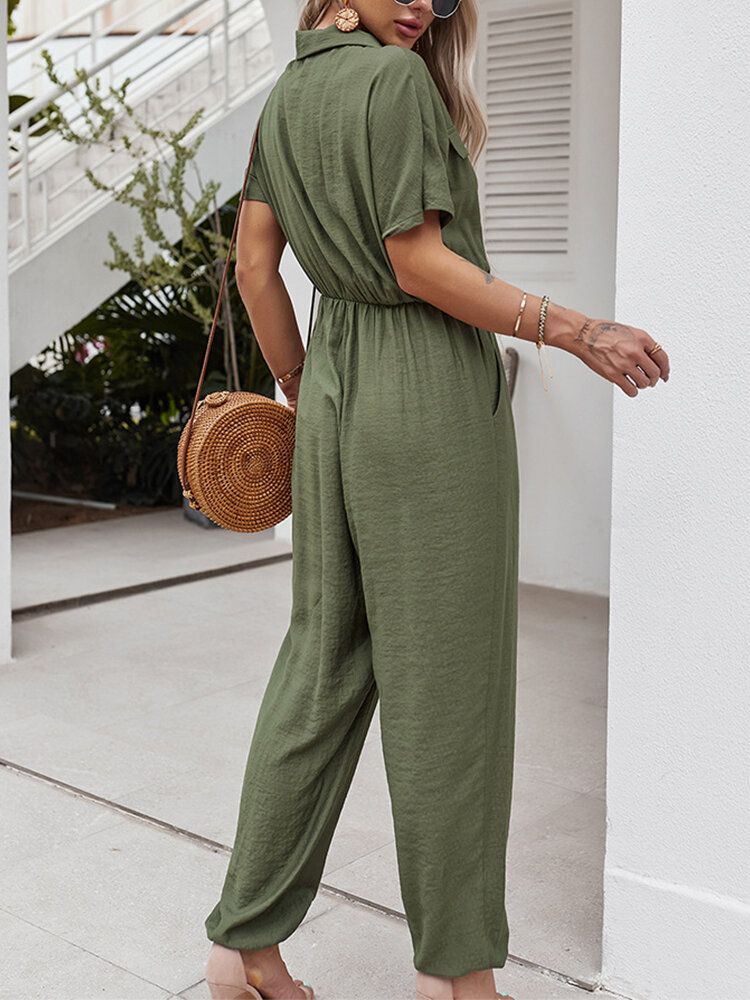 Enfärgad Knappficka Hög Elastisk Midja Lös Jumpsuit