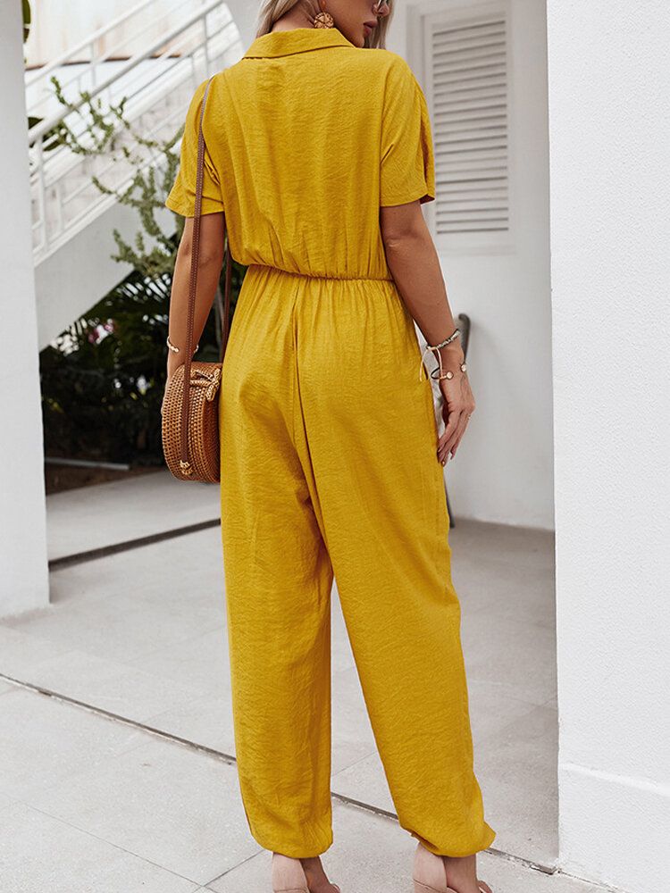 Enfärgad Knappficka Hög Elastisk Midja Lös Jumpsuit