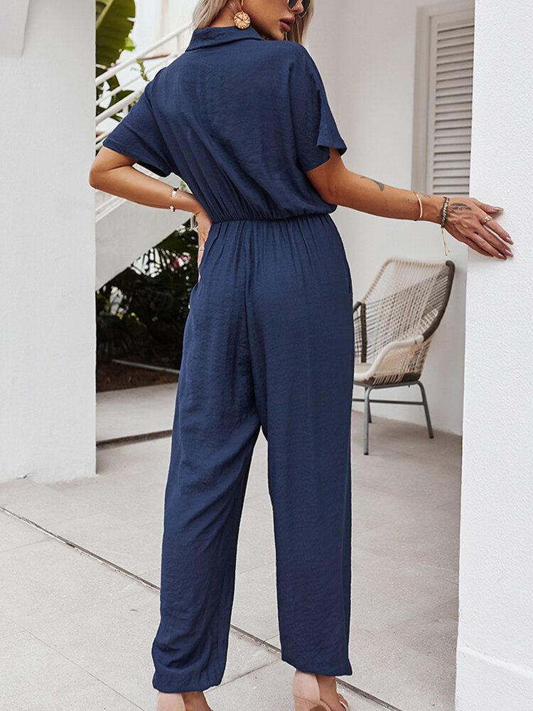 Enfärgad Knappficka Hög Elastisk Midja Lös Jumpsuit