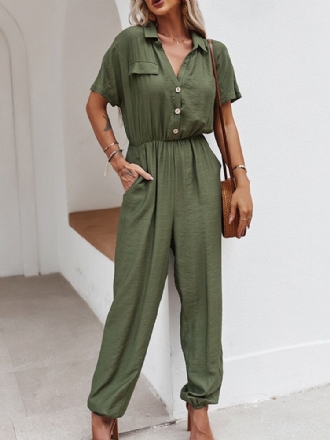 Enfärgad Knappficka Hög Elastisk Midja Lös Jumpsuit