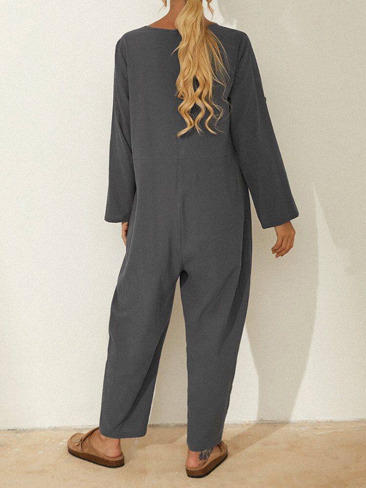 Enfärgad Långärmad Skårad Krage Fick Lös Jumpsuit För Kvinnor