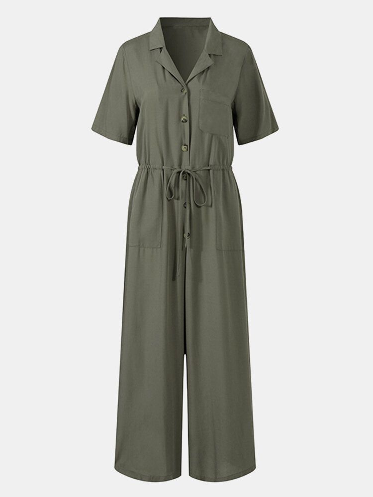 Kvinnor Button Front Camp Krage Cargo Style Kortärmade Jumpsuits Med Ficka