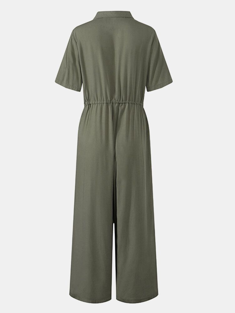 Kvinnor Button Front Camp Krage Cargo Style Kortärmade Jumpsuits Med Ficka