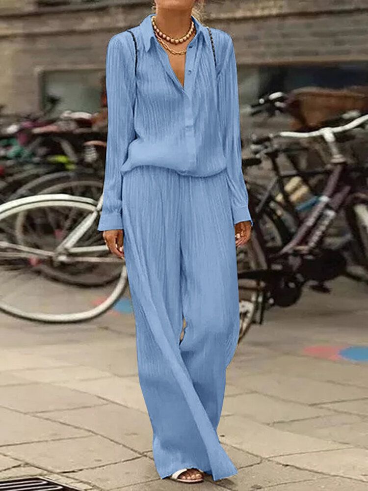 Kvinnor Casual Plisserad Sidoficka Knappar Maxi Långa Lapel Jumpsuits