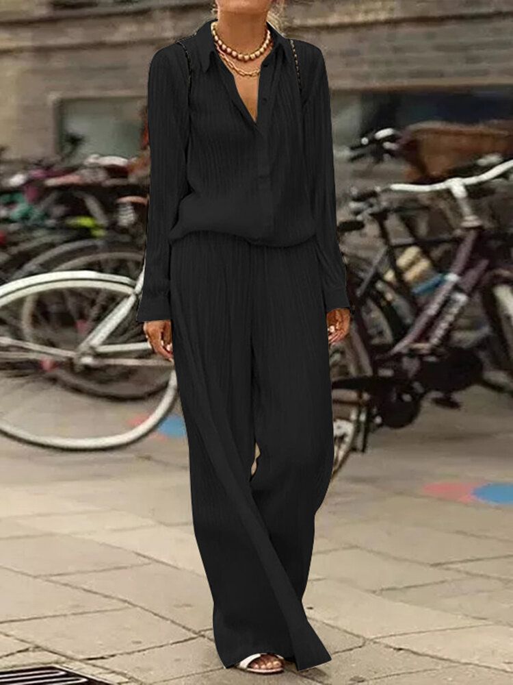 Kvinnor Casual Plisserad Sidoficka Knappar Maxi Långa Lapel Jumpsuits