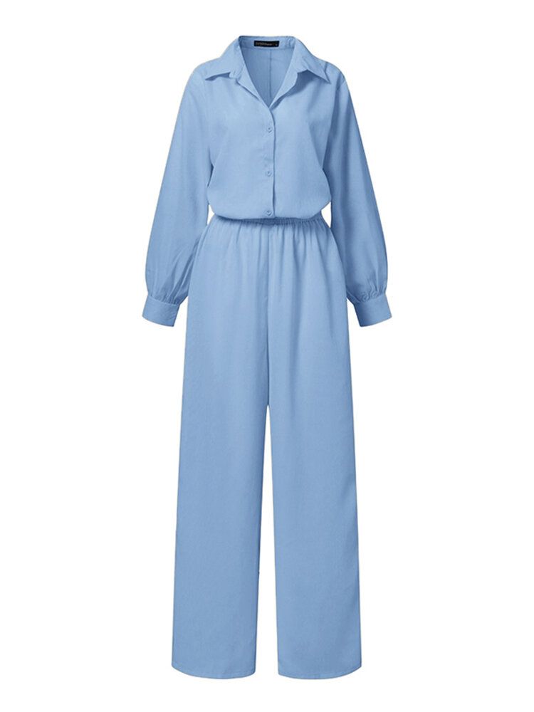 Kvinnor Casual Plisserad Sidoficka Knappar Maxi Långa Lapel Jumpsuits