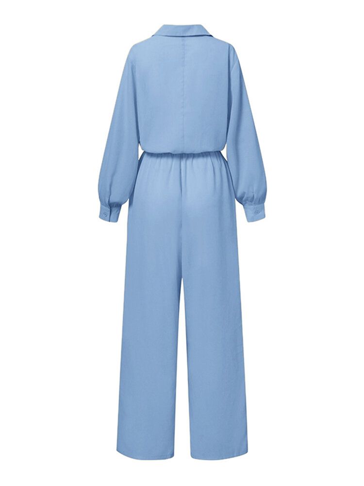 Kvinnor Casual Plisserad Sidoficka Knappar Maxi Långa Lapel Jumpsuits