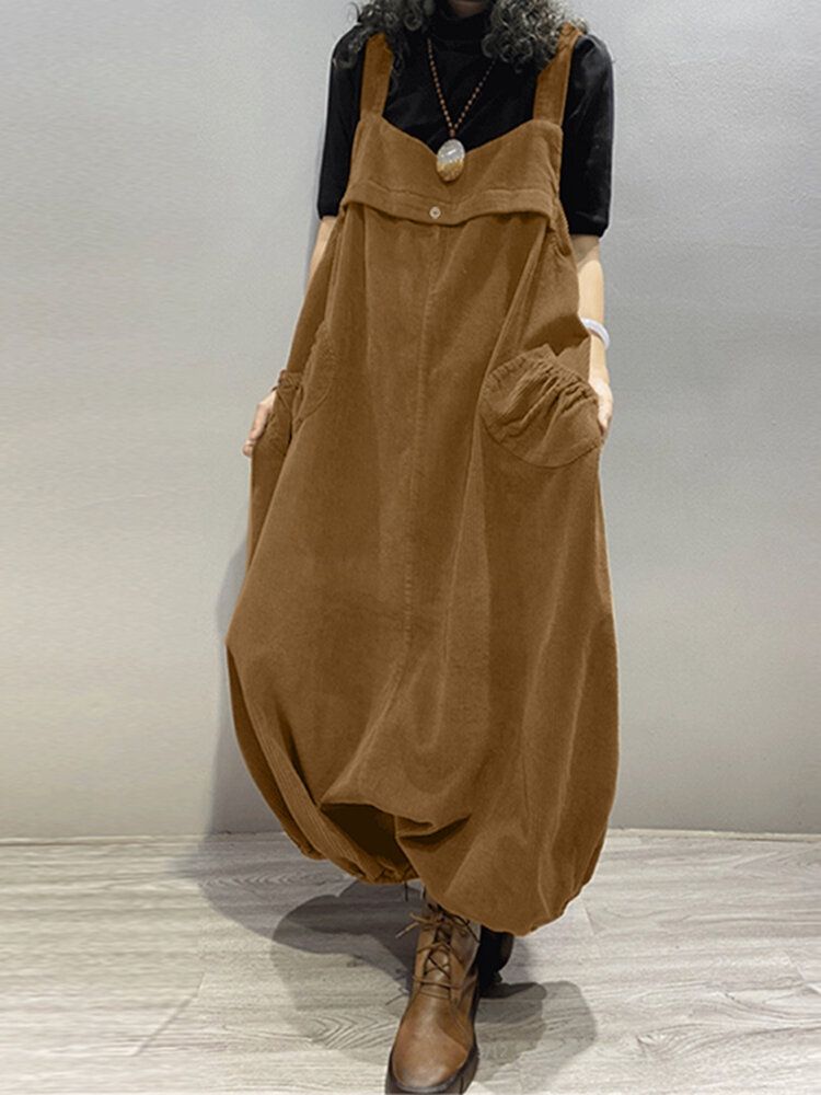 Kvinnor Corduroy Ärmlös Drop-gren Lantern Ben Vintage Jumpsuit