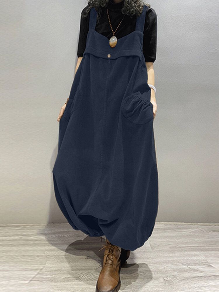 Kvinnor Corduroy Ärmlös Drop-gren Lantern Ben Vintage Jumpsuit