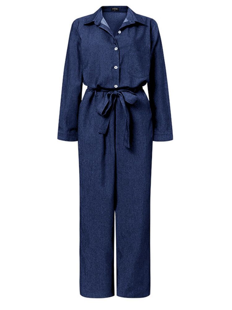 Kvinnor Enfärgad Knapp Front Camp Collar Daily Jumpsuit