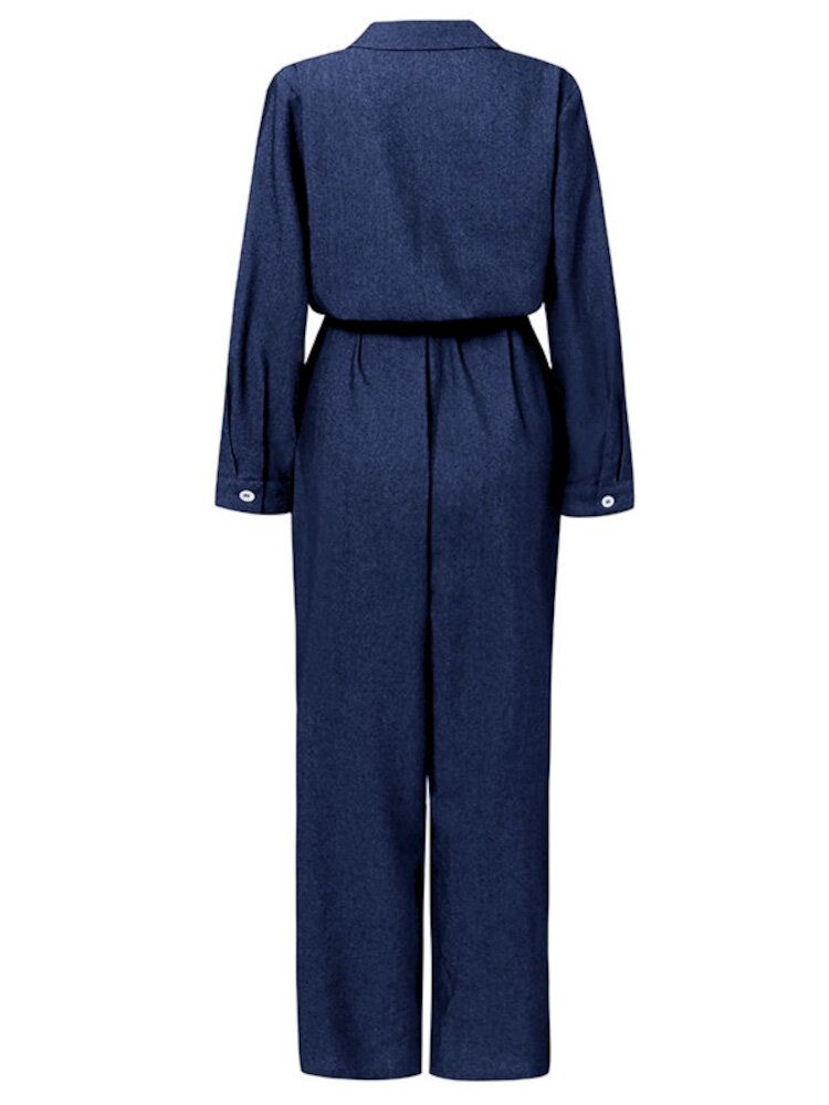 Kvinnor Enfärgad Knapp Front Camp Collar Daily Jumpsuit