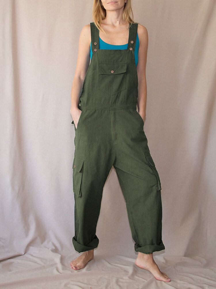 Kvinnor Enfärgade Remmar Knappdetalj Frontficka Casual Lös Cargo Jumpsuit