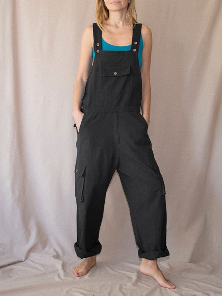 Kvinnor Enfärgade Remmar Knappdetalj Frontficka Casual Lös Cargo Jumpsuit