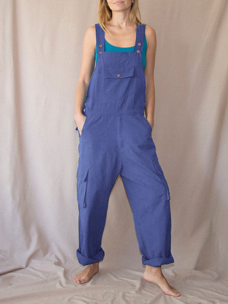 Kvinnor Enfärgade Remmar Knappdetalj Frontficka Casual Lös Cargo Jumpsuit