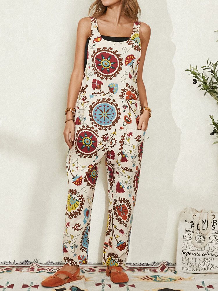 Kvinnor Etniska Mönster Tryckta Remmar Casual Lös Jumpsuit Med Ficka