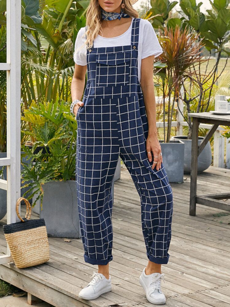 Kvinnor Grid Justerbar Strappy Ärmlösa Casual Jumpsuits Med Flikficka