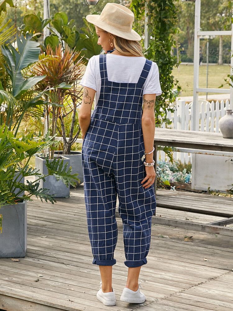 Kvinnor Grid Justerbar Strappy Ärmlösa Casual Jumpsuits Med Flikficka