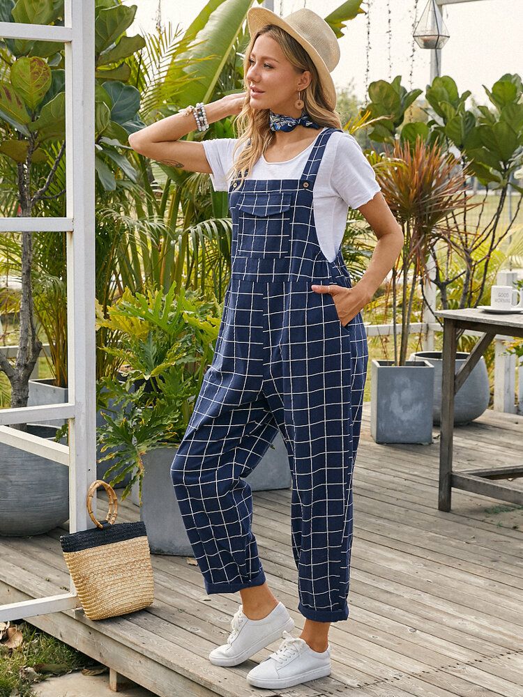 Kvinnor Grid Justerbar Strappy Ärmlösa Casual Jumpsuits Med Flikficka