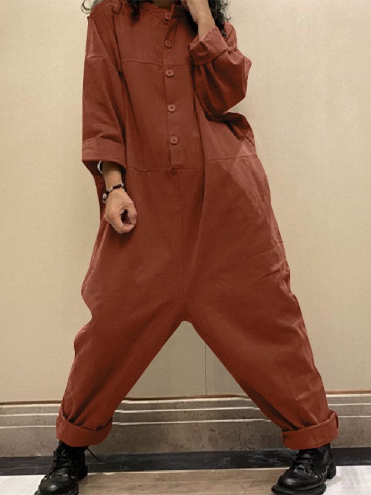 Kvinnor Manchester Enfärgad Halvknapp Långärmad Vintage Casual Cargo Jumpsuit Med Ficka