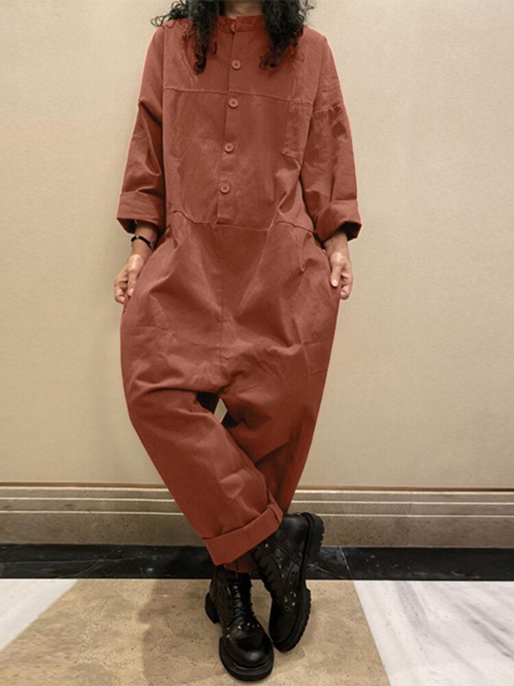 Kvinnor Manchester Enfärgad Halvknapp Långärmad Vintage Casual Cargo Jumpsuit Med Ficka