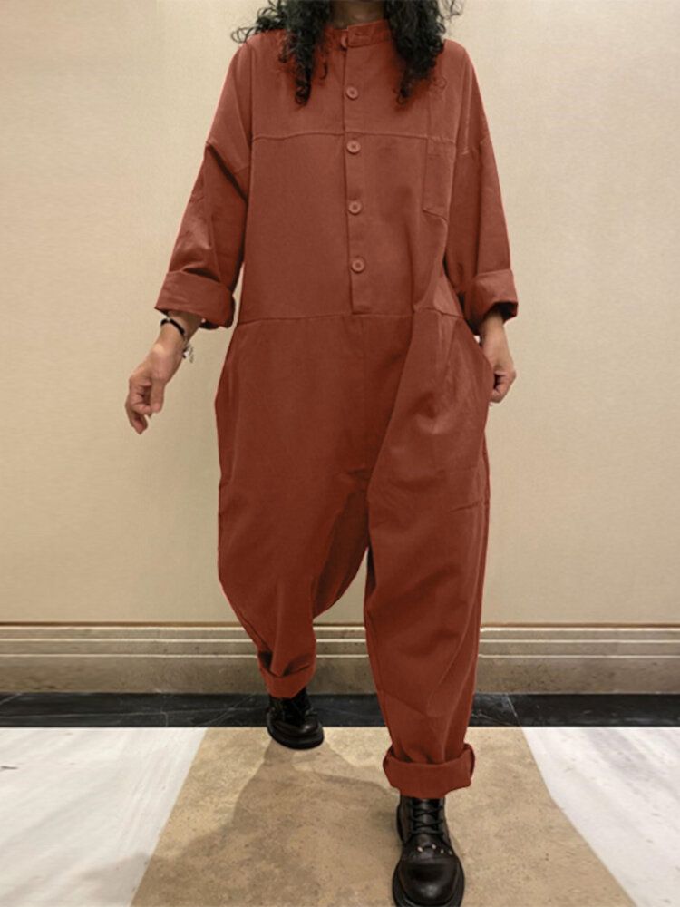 Kvinnor Manchester Enfärgad Halvknapp Långärmad Vintage Casual Cargo Jumpsuit Med Ficka