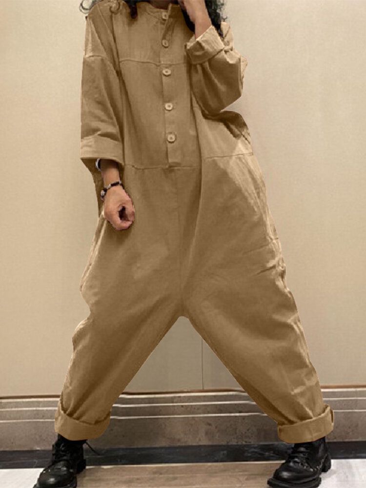 Kvinnor Manchester Enfärgad Halvknapp Långärmad Vintage Casual Cargo Jumpsuit Med Ficka