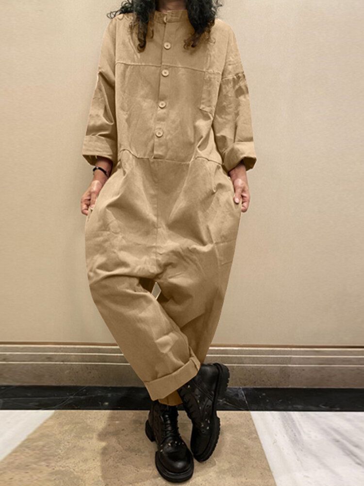 Kvinnor Manchester Enfärgad Halvknapp Långärmad Vintage Casual Cargo Jumpsuit Med Ficka