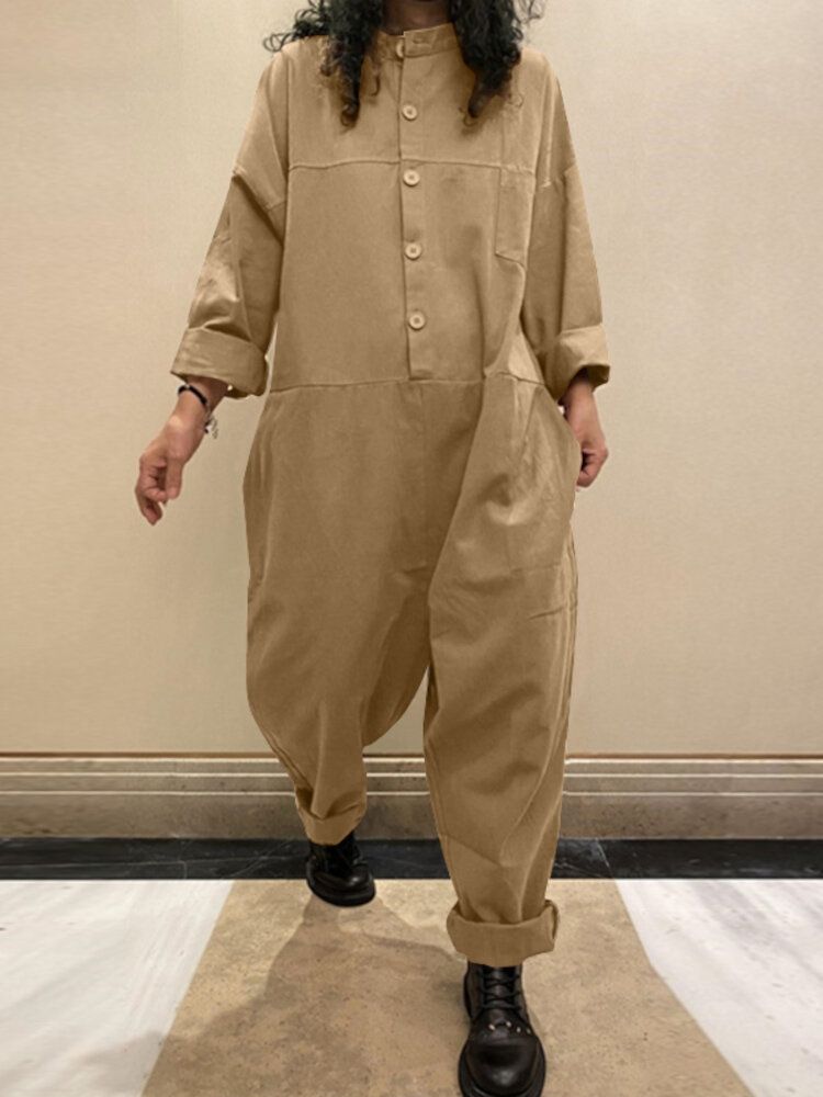 Kvinnor Manchester Enfärgad Halvknapp Långärmad Vintage Casual Cargo Jumpsuit Med Ficka