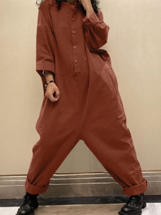 Kvinnor Manchester Enfärgad Halvknapp Långärmad Vintage Casual Cargo Jumpsuit Med Ficka