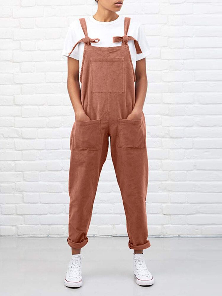 Kvinnor Manchester Enfärgad Snörning Bröstsidofickor Casual Jumpsuit