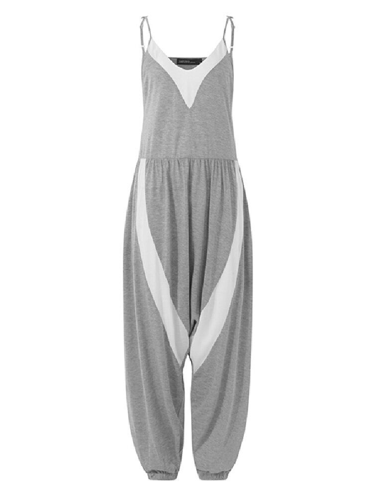 Kvinnor Patchwork V-ringad Ärmlös Sling Stickad Casual Lös Jumpsuit