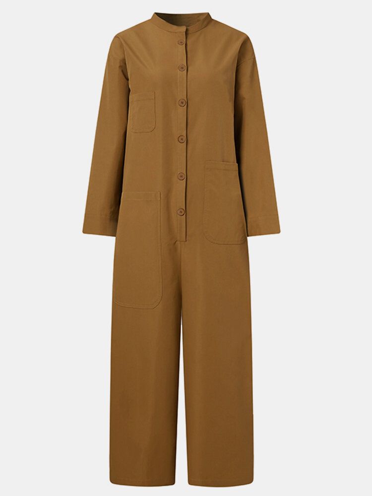 Kvinnor Står Krage Med Knapp Framtill Casual Långärmade Jumpsuits Med Ficka