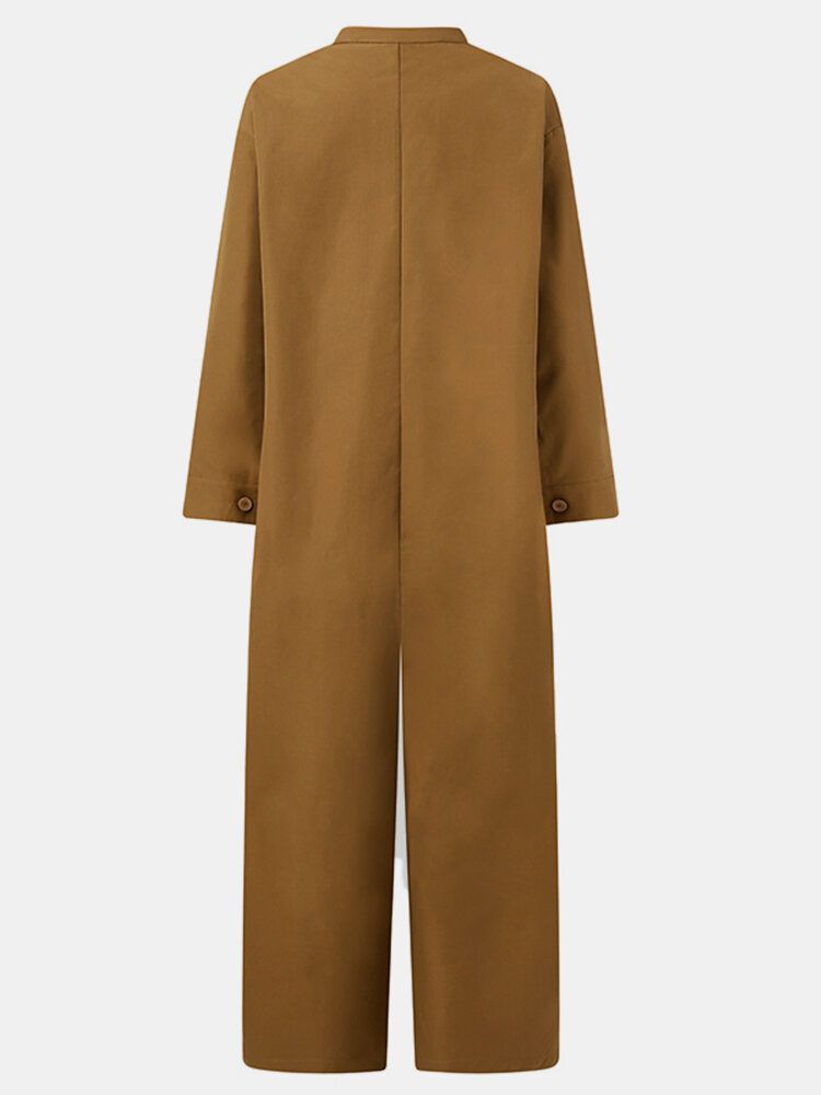 Kvinnor Står Krage Med Knapp Framtill Casual Långärmade Jumpsuits Med Ficka