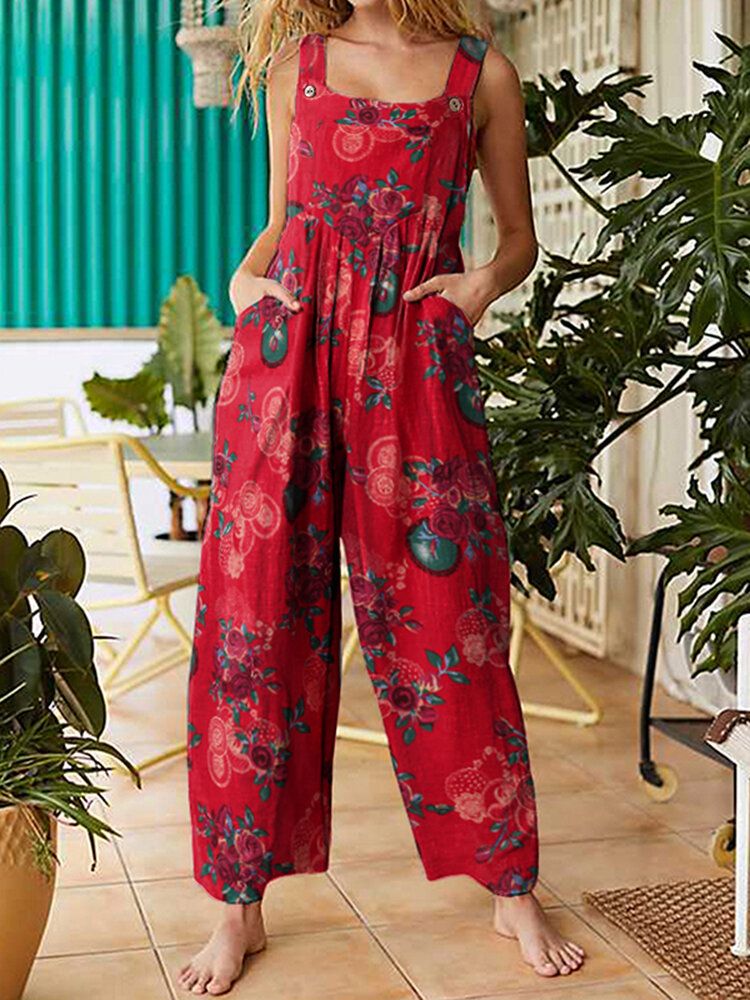 Kvinnor Vintage Blommönster Bomull Backless Strappy Jumpsuits Med Ficka