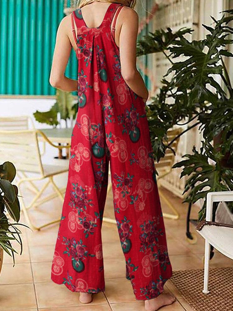 Kvinnor Vintage Blommönster Bomull Backless Strappy Jumpsuits Med Ficka