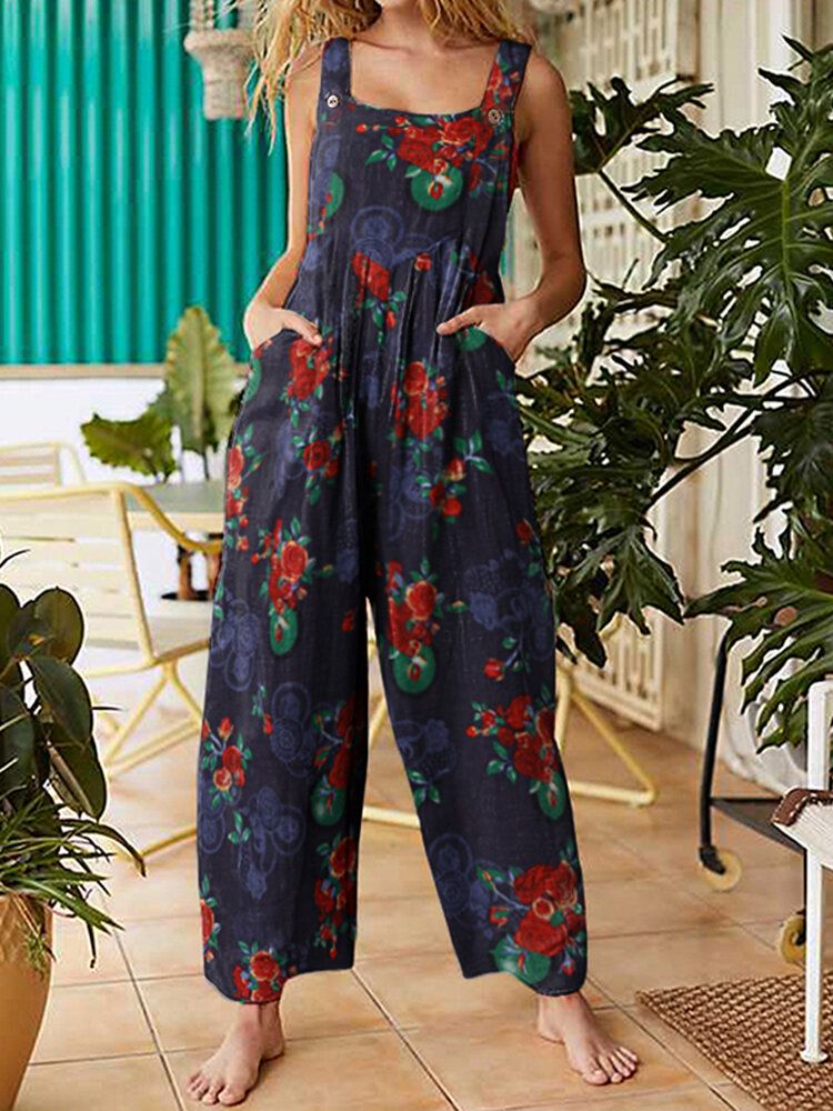 Kvinnor Vintage Blommönster Bomull Backless Strappy Jumpsuits Med Ficka