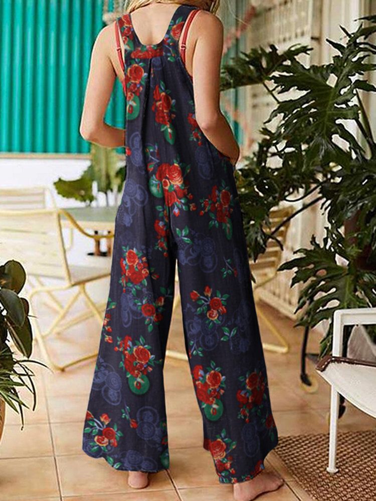 Kvinnor Vintage Blommönster Bomull Backless Strappy Jumpsuits Med Ficka