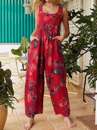 Kvinnor Vintage Blommönster Bomull Backless Strappy Jumpsuits Med Ficka