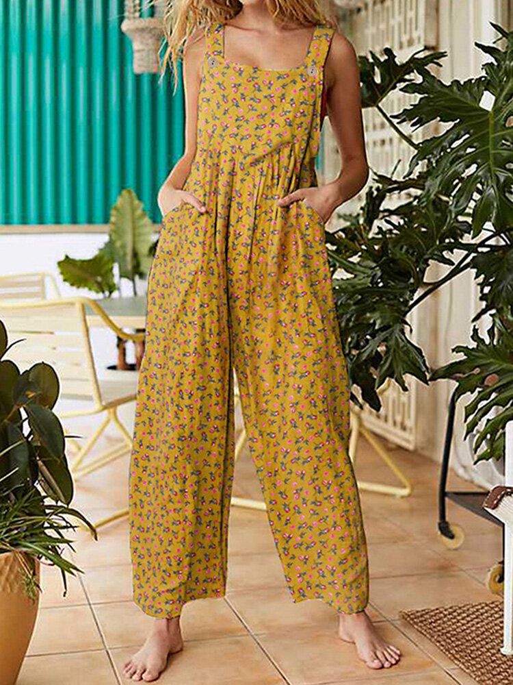 Kvinnor Vintage Ditsy Blommönster Dubbelficka Casual Strappy Jumpsuits