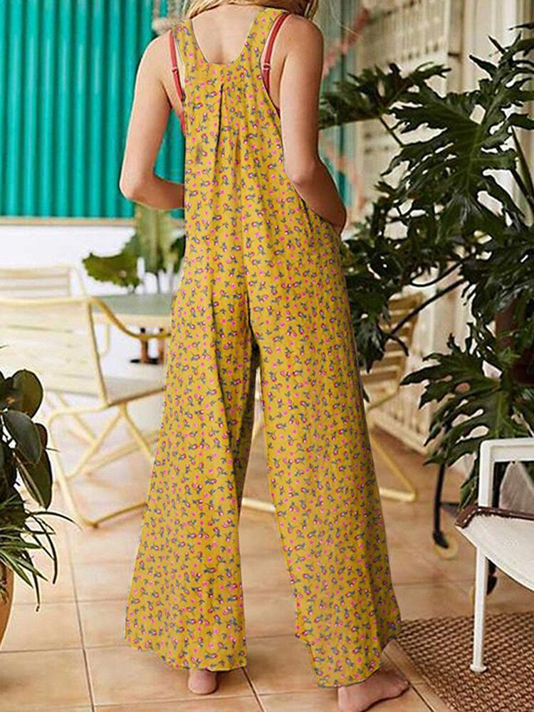 Kvinnor Vintage Ditsy Blommönster Dubbelficka Casual Strappy Jumpsuits