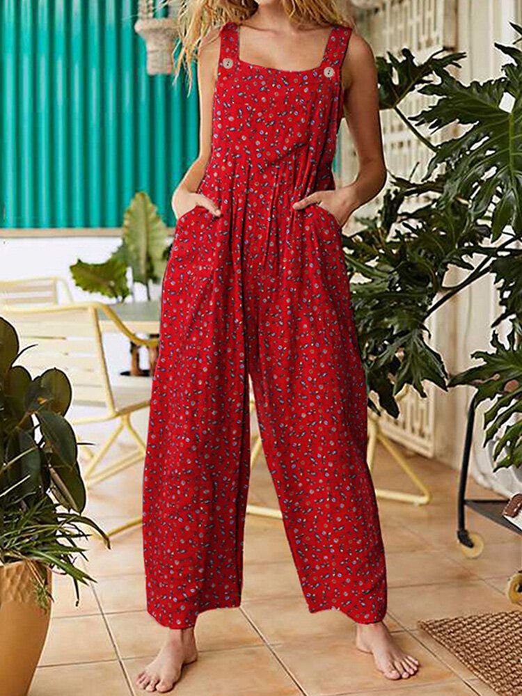 Kvinnor Vintage Ditsy Blommönster Dubbelficka Casual Strappy Jumpsuits