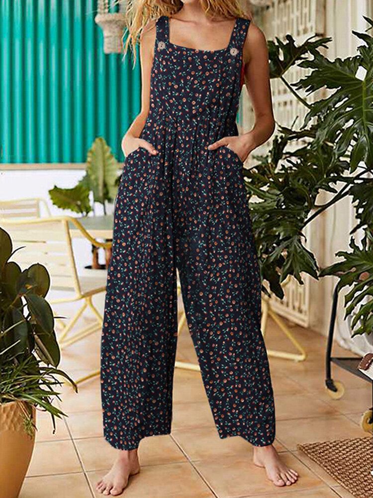 Kvinnor Vintage Ditsy Blommönster Dubbelficka Casual Strappy Jumpsuits