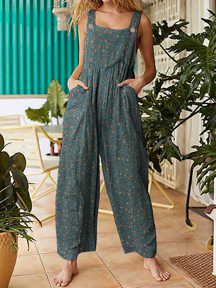 Kvinnor Vintage Ditsy Blommönster Dubbelficka Casual Strappy Jumpsuits