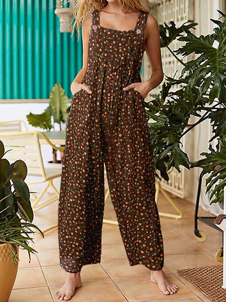 Kvinnor Vintage Ditsy Blommönster Dubbelficka Casual Strappy Jumpsuits