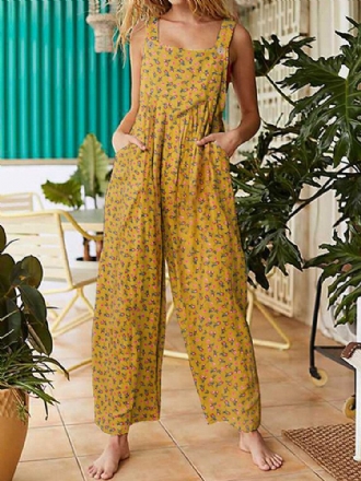 Kvinnor Vintage Ditsy Blommönster Dubbelficka Casual Strappy Jumpsuits