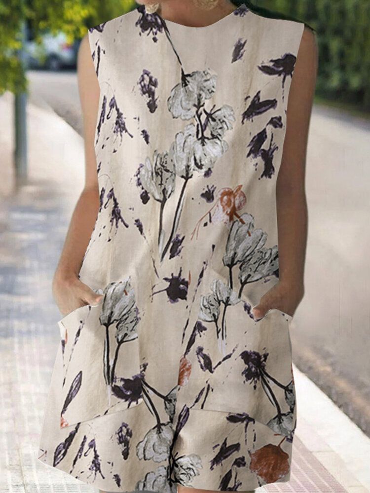 Plant Print Pocket Rund Neck Sleeveless Romper