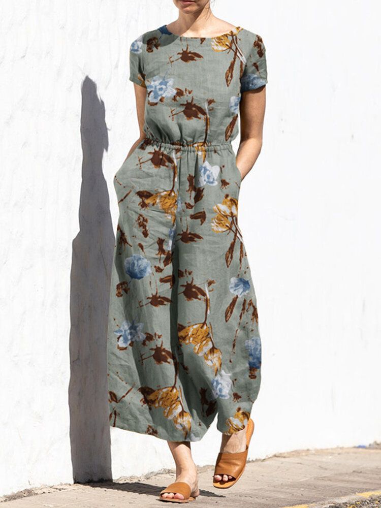 Plant Print Pocket Sash Rund Neck Kortärmad Jumpsuit