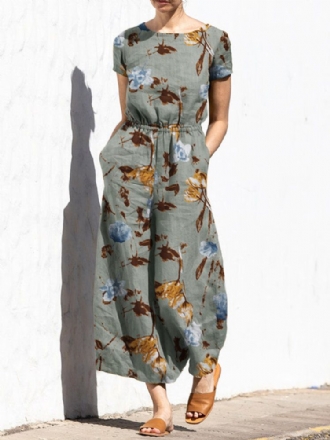 Plant Print Pocket Sash Rund Neck Kortärmad Jumpsuit