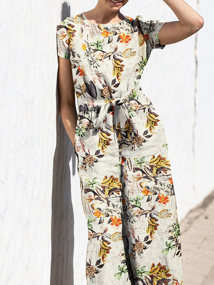 Plant Print Pocket Sash Rund Neck Kortärmad Jumpsuit I Bomull